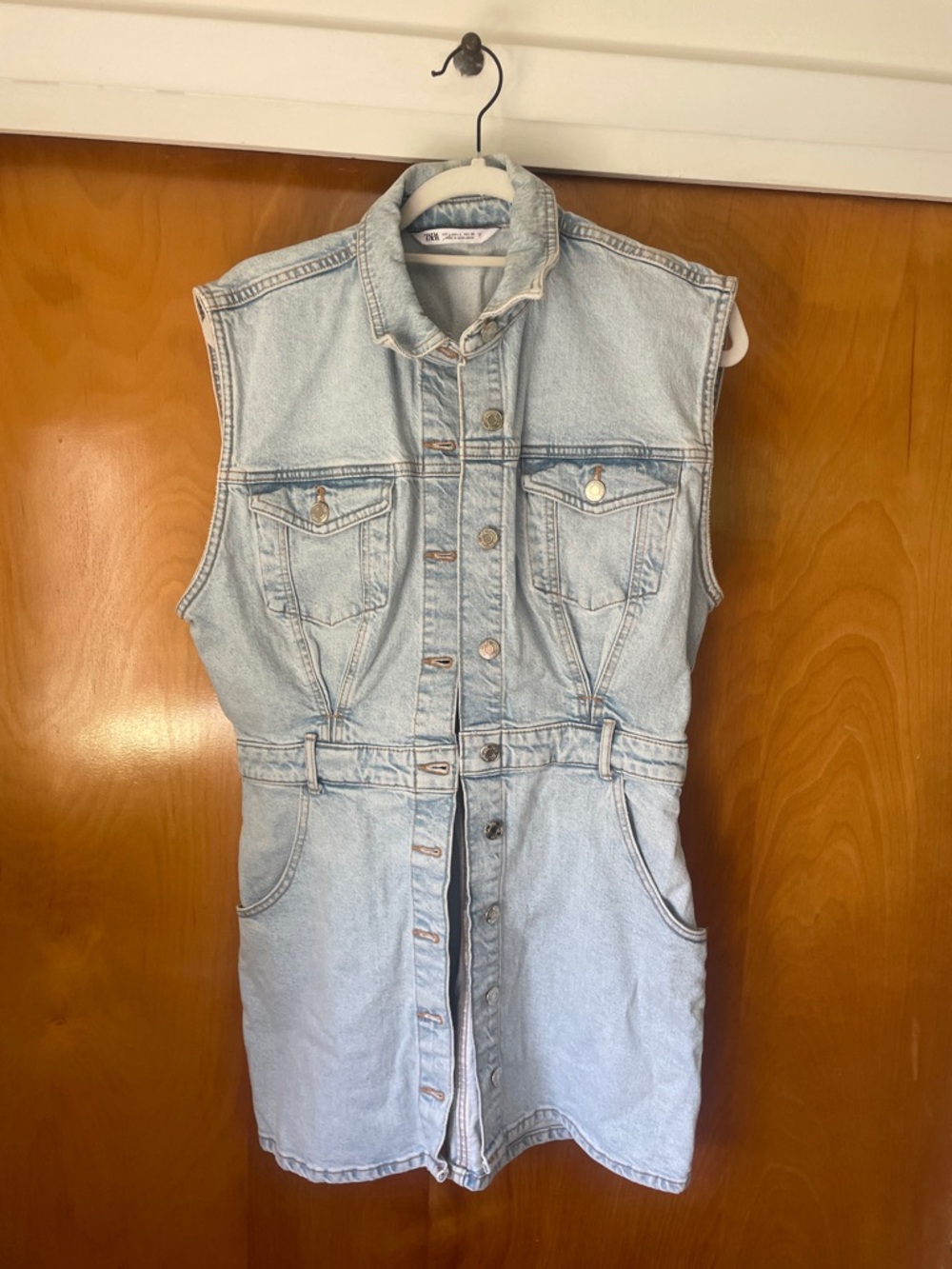 Zara Light Wash Denim Sleeveless Button-Front Dress